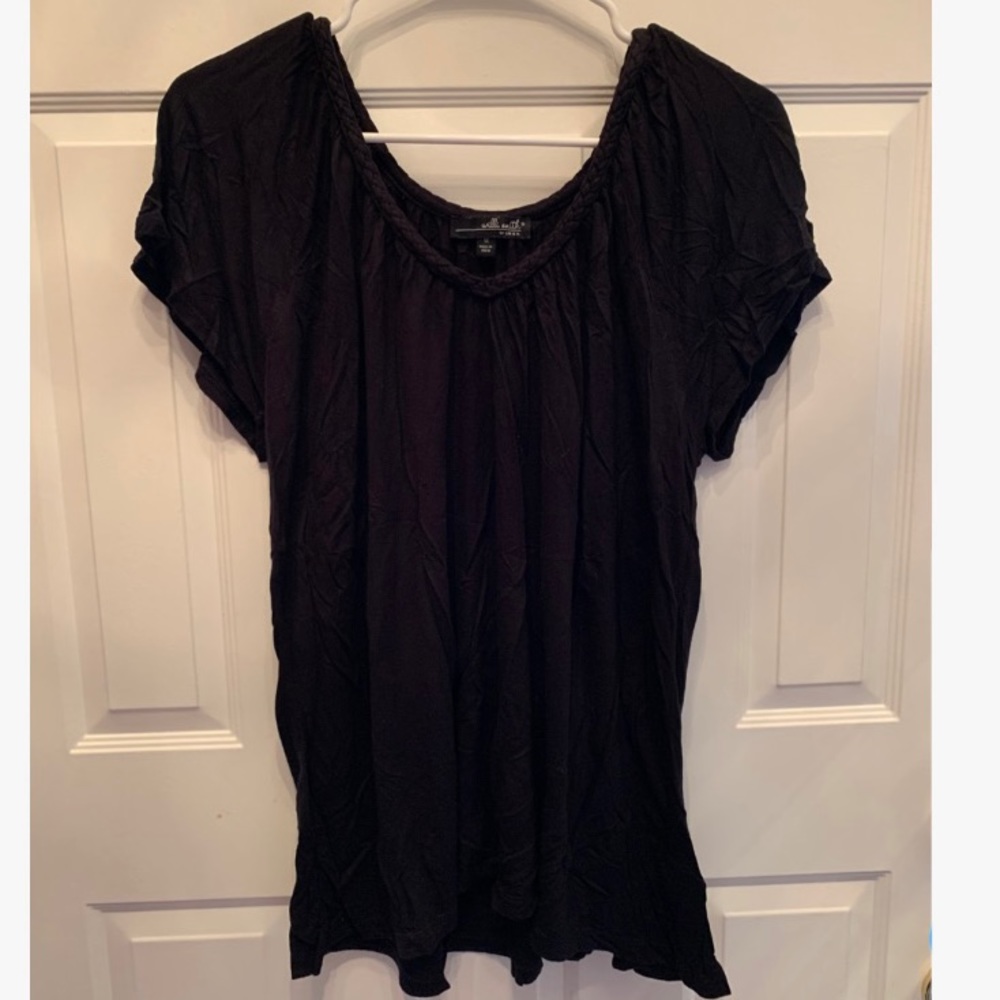 Flowy Black T-shirt with Braided Neckline